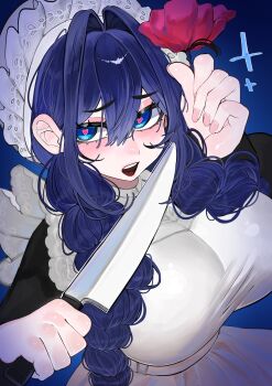 1girl apron blue_eyes blue_hair braid breasts commentary flower frills hair_between_eyes hair_over_shoulder heart heart-shaped_pupils highres holding holding_flower holding_knife hololive hololive_english knife large_breasts long_hair looking_at_viewer maid maid_apron maid_headdress official_alternate_costume open_mouth ouro_kronii ouro_kronii_(maid) solo suki_suki_daisuki_(song) symbol-shaped_pupils teeth twin_braids upper_teeth_only victorian_maid virtual_youtuber yandere yuuppi
