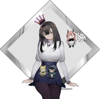 Rule 34 | 1girl, absurdres, arknights, black hairband, black pantyhose, border, breasts, brown hair, character doll, closed mouth, cowboy shot, crown (symbol), doctor (arknights), doll, dr.deims (dim5s), hair between eyes, hairband, high-waist skirt, highres, kal'tsit (arknights), large breasts, long sleeves, looking down, medium hair, pantyhose, priestess (arknights), prts logo (arknights), purple eyes, purple skirt, sitting, skirt, solo, sweater, theresa (arknights), turtleneck, turtleneck sweater, white border, white sweater