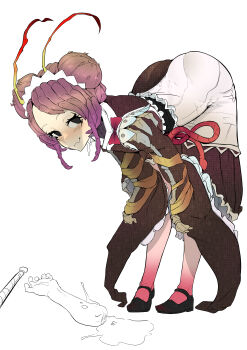1girl absurdres antennae apron arthropod_girl ass bent_over black_eyes black_shoes blood blood_on_shoes blush brown_kimono closed_mouth commentary_request double_bun drooling entoma_vasilissa_zeta fangs hair_bun highres japanese_clothes kimono long_sleeves looking_at_viewer maid maid_headdress mary_janes monster_girl overlord_(maruyama) pantyhose pink_pantyhose pool_of_blood purple_hair saliva severed_arm severed_limb shoes short_hair simple_background skin_fangs sleeves_past_wrists smile solo white_apron white_background wwwazxc