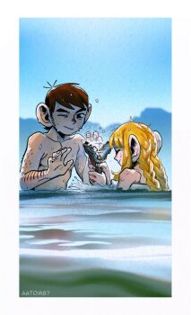 1boy 1girl aatom87 afterimage animal arm_hair blonde_hair blue_sky braid brown_hair chilchuck_tims closed_eyes commentary dungeon_meshi english_commentary fish highres holding holding_animal holding_fish lake long_sideburns low_twin_braids marcille_donato marcille_donato_(half-foot) motion_lines one_eye_closed partially_submerged sideburns sky twin_braids wet