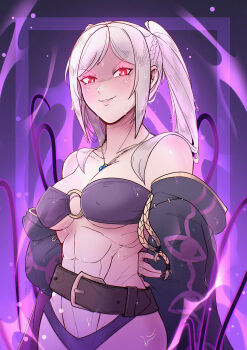 1girl abs absurdres ailheim bikini breasts corruption dark_persona female_robin_(fire_emblem) fire_emblem fire_emblem_awakening glowing glowing_eyes grey_hair grima_(fire_emblem) highres intelligent_systems large_breasts looking_at_viewer muscular muscular_female nintendo possessed possession red_eyes swimsuit