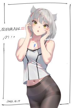 1girl absurdres animal_ear_fluff animal_ears black_pantyhose cat_ears cat_girl character_name commentary copyright_name dated evan_(pixiv7510743) grey_hair highres looking_at_viewer medium_hair mio_(xenoblade) navel open_mouth panties panties_under_pantyhose pantyhose simple_background solo standing underwear white_background xenoblade_chronicles_(series) xenoblade_chronicles_3 yellow_eyes