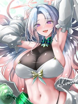 1girl :d armpits arms_up azur_lane bandeau bare_shoulders blue_hair blush bow bowtie breasts commentary_request cowboy_shot detached_sleeves ganj-i-sawai_(azur_lane) hair_between_eyes halo hisin large_breasts long_hair looking_at_viewer multicolored_hair navel open_mouth parted_bangs pink_hair purple_eyes see-through_cleavage see-through_clothes sidelocks signature skirt smile solo teeth upper_teeth_only very_long_hair watermark white_bandeau white_skirt white_sleeves