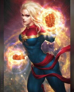1girl avengers_(series) blonde_hair blue_bodysuit bodysuit captain_marvel carol_danvers clenched_hands commentary energy english_commentary floating_clothes floating_hair gloves grey_eyes highres kunkka long_hair looking_at_viewer looking_to_the_side marvel multicolored_bodysuit parted_lips red_bodysuit red_gloves red_sash sash solo superhero_costume toned toned_female twitter_username