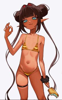 1girl anemoneeanemone bikini borrowed_character brown_hair dark-skinned_female dark_skin double_bun flat_chest food gold_bikini hair_bun hair_intakes highres holding holding_food holding_ice_cream ice_cream loli looking_at_viewer navel nyoko_(chiimanju) ok_sign original pointy_ears scrunchie solo standing stomach swimsuit thigh_strap white_background wrist_scrunchie