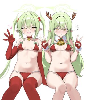 2girls antlers bell bikini blue_archive breasts commentary_request deer_antlers double_v fake_antlers fingerless_gloves gloves green_hair halo highres hikari_(blue_archive) horns long_hair micro_bikini multiple_girls navel neck_bell nozomi_(blue_archive) pointy_ears red_bikini red_gloves red_thighhighs sambel_kacang1 santa_bikini santa_costume siblings simple_background sisters small_breasts stomach swimsuit thighhighs thighs twins twintails v very_long_hair white_background yellow_eyes