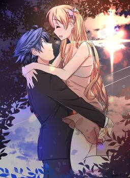 Rule 34 | 1boy, 1girl, alisa reinford, black suit, blonde hair, blue hair, closed eyes, cloud, dress, eiyuu densetsu, formal clothes, hair between eyes, highres, hug, leaf, long hair, open mouth, outdoors, purple eyes, rean schwarzer, sen no kiseki, sen no kiseki (series), sen no kiseki iv, short hair, side ponytail, sky, sleeveless, sleeveless dress, smile, spirit rise, suit, sunset, two side up