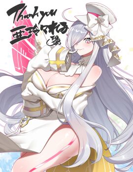 1girl absurdres arm_under_breasts bow breasts character_request cleavage commission copyright_request dress finger_to_mouth flower gloves grey_hair hair_over_one_eye hat hat_bow highres large_breasts long_hair mole mole_under_eye pink_pupils rose skeb_commission sleeves_past_wrists solo sui_hi_sf white_bow white_dress white_eyes white_flower white_gloves white_hat white_rose