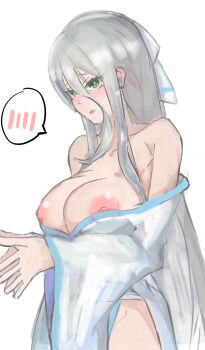 Rule 34 | absurdres, bare shoulders, blush, boaplant feeder, breasts, cleavage, commentary request, cosplay, green eyes, grey hair, hair between eyes, hair ribbon, highres, holding own hand, japanese clothes, kimono, large breasts, long hair, nipple slip, nipples, ribbon, senkou (senran kagura), senran kagura, senran kagura new link, sidelocks, spoken blush, white kimono, white ribbon, yumi (senran kagura), yumi (senran kagura) (cosplay)