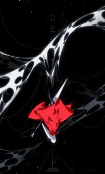 1girl arthropod_girl black_background black_eyes black_skin cloak colored_skin dkl_(dinosaurkl2) english_text full_body hashtag-only_commentary hollow_eyes hollow_knight hollow_knight:_silksong horned_mask hornet_(hollow_knight) horns looking_down mask needle_(hollow_knight) red_cloak silk solo spider_web thread upside-down weapon weapon_on_back white_mask