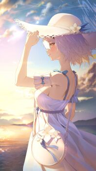 1girl absurdres armband bag beach black_horns blue_archive commentary_request demon_girl demon_horns dress flower frilled_armband frilled_armlet frills from_side grey_halo halo hand_on_headwear hat hat_flower highres horns looking_at_viewer official_alternate_costume sena_(blue_archive) sena_(casual)_(blue_archive) shoulder_bag sideways_glance smile solo soy_chicken sun_hat sundress sunset white_armband white_dress white_hair white_hat