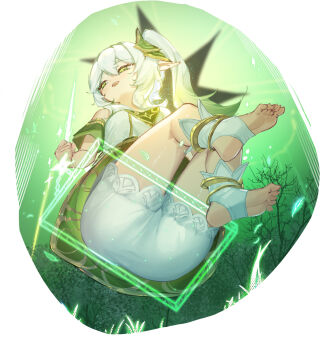 1girl artist_request ass ass_focus ass_press bare_shoulders bloomers blush dress from_below genshin_impact gradient_hair green_eyes green_hair hair_ornament highres loli long_hair looking_away multicolored_hair nahida_(genshin_impact) open_mouth pointy_ears ponytail short_dress smile solo swing transparent underwear upskirt white_hair