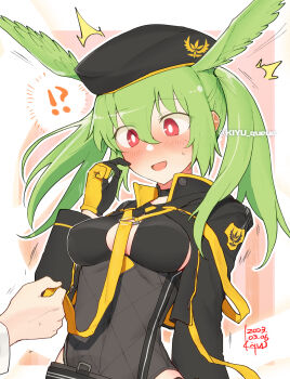 !? 1girl ^^^ beret black_gloves black_hat black_jacket black_one-piece_swimsuit blush breasts bright_pupils casual_one-piece_swimsuit commentary_request dated fate/grand_order fate_(series) gloves green_hair hat head_wings highres jacket kiyu_(queue) looking_at_viewer medium_breasts motion_lines nose_blush olrun_(fate) one-piece_swimsuit open_mouth red_eyes redrawn signature solo_focus surprised swimsuit twintails twitter_username two-tone_gloves upper_body valkyrie_(fate) white_pupils wings yellow_gloves