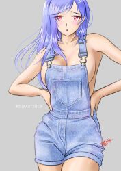 Rule 34 | 1girl, blue hair, blue overalls, blush, breasts, collarbone, dated, denim, grey background, hands on own hips, long hair, looking at viewer, naked overalls, open mouth, original, overalls, red eyes, sideboob, signature, simple background, solo, standing, tanyao