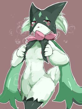 1girl animal_hands animal_nose areola_slip blush blush_stickers body_fur breasts breath brown_background cat_girl cowboy_shot female_focus furry furry_female green_fur green_hair groin half-closed_eyes hands_up happy looking_at_viewer medium_breasts meowscarada navel nintendo open_mouth outline pokemon pokemon_(creature) raised_eyebrows red_eyes rr_(user_hcrd3433) short_hair short_tail simple_background smile solo standing stomach tail two-tone_fur white_outline