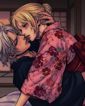 Rule 34 | 1boy, 1girl, black kimono, blonde hair, blue eyes, brown eyes, commentary request, final fantasy, final fantasy vi, floral print, floral print kimono, furrowed brow, grey hair, hair between eyes, half-closed eyes, hand in another's hair, hetero, highres, imminent kiss, indoors, japanese clothes, kimono, locke cole, locke otaku, long hair, obi, parted bangs, parted lips, pink kimono, print kimono, sash, short hair, tina branford, updo, upper body