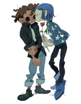 1boy 1girl arrcticc_fish black_jacket blue_hair blue_sweater blush brown_hair button_eyes buttons commentary coraline_(movie) coraline_jones dark-skinned_male dark_skin freckles hetero highres holding_own_arm jacket kinky_hair kiss kissing_cheek other_wybie short_hair simple_background standing star_(symbol) star_print sweater symbol-only_commentary turtleneck turtleneck_sweater white_background wybie_lovat