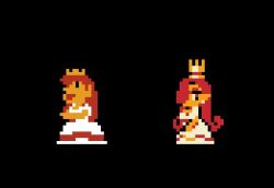 1girl 2024 animated black_background chest_jewel colored_skin commentary crown dress earrings english_commentary eyeshadow gaziter gloves hair_over_one_eye idle_animation jewelry long_hair makeup mario_(series) nintendo official_alternate_costume one_eye_closed pixel_art princess_peach princess_toadstool_redraw_(meme) puffy_short_sleeves puffy_sleeves red_eyes red_eyeshadow red_hair reference_inset short_sleeves simple_background sparkle super_mario_bros._1 very_long_hair video white_dress white_gloves wink