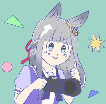 1girl animal_ears blue_eyes blunt_bangs bow bowtie brand_name_imitation camera chrono_genesis_(umamusume) commentary crazy_keiba_lady_(jra) crying crying_with_eyes_open ear_ornament green_background grey_hair highres hime_cut holding holding_camera horse_ears horse_girl japan_racing_association puffy_short_sleeves puffy_sleeves purple_bow purple_bowtie purple_shirt sailor_collar sailor_shirt school_uniform shirt short_sleeves smile solo sony tears thumbs_up tracen_school_uniform umamusume yotsunoa