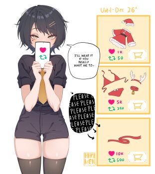 1girl absurdres black_shirt black_shorts black_thighhighs cellphone commentary covering_own_mouth cowboy_shot english_commentary english_text eyelashes facial_mark hair_ornament hairclip hakimen half-closed_eyes hands_up heart heart_facial_mark highres holding holding_phone like_and_retweet necktie original phone ribbon shirt short_hair short_sleeves shorts signature smartphone solo standing straight-on suraya_(hakimen) thigh_gap thighhighs thighs twitter_strip_game twitter_username yellow_eyes yellow_necktie