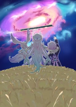 2girls absurdres alexmercerart animal_ears astral_express_(honkai:_star_rail) blue_gem bow coat commentary cyrene_(demiurge)_(honkai:_star_rail) cyrene_(honkai:_star_rail) cyrene_(philia093)_(honkai:_star_rail) detached_sleeves dress english_commentary from_side galaxy gem gradient_hair grass hair_ornament hand_on_another's_back hand_on_another's_head highres honkai:_star_rail honkai_(series) long_hair mem_(honkai:_star_rail) multicolored_hair multiple_girls pink_fur pink_hair pink_ribbon pointing purple_coat ribbon short_hair sitting star_(sky) tail train very_long_hair