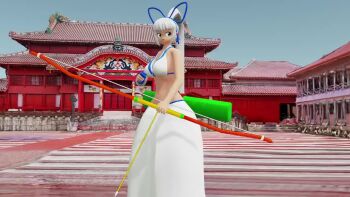 Rule 34 | 1girl, 3d, animated, archery, armpits, arrow (projectile), ass, blue eyes, bouncing breasts, breasts, cleavage, dark-skinned female, dark skin, expressionless, fingerless gloves, gloves, grey hair, hair ribbon, highres, jiggle, large breasts, legs, long hair, majikina mina, multiple views, navel, ponytail, ribbon, samurai spirits, sarong, snk, solo, tagme, thighs, toned, turnaround, very long hair, video