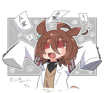 1girl :d @_@ agnes_tachyon_(tach-nology)_(umamusume) agnes_tachyon_(umamusume) ahoge animal_ears arms_up beer_hsk black_necktie black_shirt brown_hair brown_sweater collared_shirt cropped_torso grey_background hair_between_eyes horse_ears horse_girl horse_tail lab_coat necktie open_clothes open_mouth red_eyes shirt sleeves_past_fingers sleeves_past_wrists smile solo sweater tail translation_request two-tone_background umamusume upper_body white_background