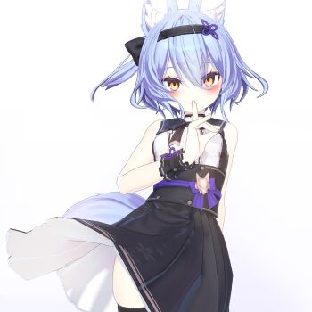 1girl 3d absurdres animal_ear_fluff animal_ears armadillon black_thighhighs blue_hair blush dress female_focus finger_to_mouth fox_ears fox_girl fox_shadow_puppet fox_tail hair_between_eyes hairband highres looking_at_viewer neck_ribbon original ribbon short_hair skindentation sleeveless sleeveless_dress smile solo standing tail thighhighs thighs vrchat wind wind_lift yellow_eyes yuuko-zoku_no_onee-chan zettai_ryouiki