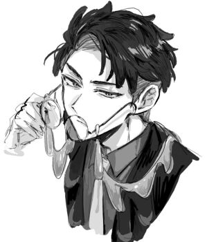 Rule 34 | 1boy, collared shirt, commentary request, corbeau (pokemon), eyewear strap, glasses, greyscale, hair behind ear, half-closed eyes, hand up, holding, holding removed eyewear, jacket, jewelry, looking at viewer, male focus, monochrome, necklace, necktie, nintendo, parted lips, pokemon, pokemon legends: z-a, portrait, round eyewear, shirt, short hair, simple background, sketch, solo, tyoookozuki, unworn eyewear, upper body, white background