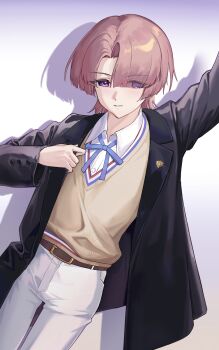 1girl arimura_mao belt black_jacket blue_ribbon brown_belt brown_sweater commentary dress_shirt gakuen_idolmaster hair_over_one_eye highres idolmaster jacket looking_at_viewer navel neck_ribbon open_clothes open_jacket open_mouth pants pink_hair purple_eyes ribbon shirt solo sweater white_pants white_shirt yao_yang