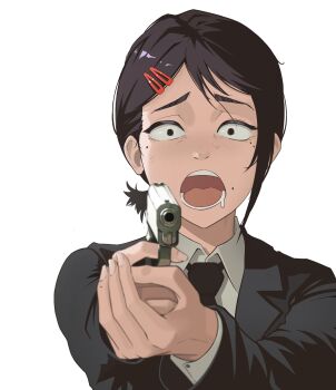 Rule 34 | 1girl, absurdres, aiming, aiming at viewer, black hair, black jacket, black necktie, chainsaw man, collared shirt, formal clothes, gun, gun pointing at viewer, hair ornament, hairclip, higashiyama kobeni, highres, holding, holding gun, holding weapon, jacket, lem, looking at viewer, mole, mole under eye, mole under mouth, multiple moles, necktie, open mouth, ponytail, screaming, shirt, short hair, short ponytail, simple background, single sidelock, solo, suit, weapon, white background, white shirt