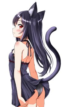 1girl animal_ears ass bare_shoulders black_chemise black_hair black_panties breasts cat_ears cat_girl cat_tail chemise leon_no_neko long_hair looking_at_viewer looking_to_the_side original panties red_eyes simple_background small_breasts smile tail underwear white_background