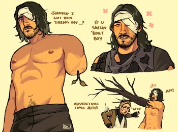 Rule 34 | 1boy, 1girl, ava (iron lung), bandaged head, bandages, beard, black eyes, black hair, branch, ducking, english text, facial hair, grin, growing out of body, highres, iron lung (movie), male pubic hair, multiple views, notice lines, pubic hair, senshuuuuu, simon (iron lung), smile, topless male, torn clothes, tunic, wavy hair