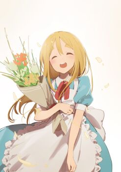 Rule 34 | 1girl, absurdres, apron, aqua dress, blonde hair, bouquet, closed eyes, dress, flower, happy, highres, holding, holding bouquet, k-on!, kotobuki tsumugi, long hair, maid apron, open mouth, petals, puffy short sleeves, puffy sleeves, red ribbon, ribbon, short sleeves, thick eyebrows, user agfd3872, white apron, white background