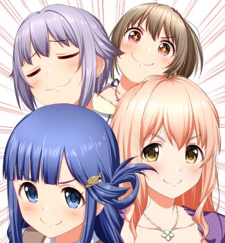 4girls :3 asari_nanami blue_eyes blue_hair blunt_bangs brown_hair c: closed_eyes closed_mouth collarbone commentary_request emphasis_lines fish_hair_ornament grey_hair hair_intakes hair_ornament hair_rings hori_yuko idolmaster idolmaster_cinderella_girls koshimizu_sachiko long_hair multiple_girls orange_hair pink_eyes ponytail saionji_kotoka short_hair sidelocks single_hair_ring smile split_mouth u_u v-shaped_eyebrows yellow_eyes yoyomura