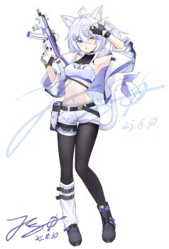 1girl absurdres ahoge animal_ear_fluff animal_ears black_pantyhose blue_eyes blue_hair boots breasts covered_navel crop_top cropped_jacket fingerless_gloves gloves grey_hair gun heterochromia highres holding holding_gun holding_weapon jerry_wang lace-up_boots leg_warmers long_hair multicolored_hair open_mouth original pantyhose small_breasts solo standing stomach streaked_hair tachi-e tail thigh_gap thigh_strap turtleneck weapon yellow_eyes