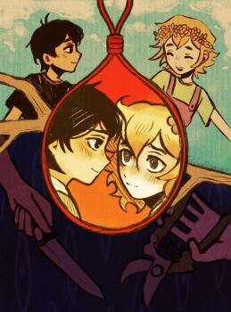 Rule 34 | 2boys, aged down, alternate costume, alternate eye color, antenna hair, basil (faraway) (omori), basil (omori), black eyes, black hair, black shirt, blonde hair, blue overalls, blush, bright pupils, closed mouth, commentary, double-parted bangs, english commentary, flower, flower wreath, gardening shears, green shirt, hair between eyes, hair flower, hair ornament, head wreath, highres, holding, holding knife, knife, looking at another, male focus, multiple boys, noose, omori, open mouth, ottie pops, overalls, shirt, short hair, short sleeves, sidelocks, smile, spoilers, stick, sunny (omori), t-shirt, teeth, upper teeth only, white pupils