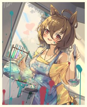 1girl agnes_tachyon_(umamusume) ahoge animal_ears bare_shoulders blush breasts brown_hair chemical_structure collarbone commentary_request cooking cooking_pot earrings flask hair_between_eyes heart highres holding holding_flask holding_ladle horse_ears horse_girl horse_tail jewelry ladle large_breasts long_sleeves looking_at_viewer necklace open_mouth red_eyes round-bottom_flask shirt short_hair single_earring smile solo steam tail test_tube umamusume woruta_(soloistlist) yellow_shirt