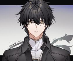 Rule 34 | 1boy, artist name, black hair, black jacket, collared jacket, commentary request, covered collarbone, earrings, floating hair, gradient background, grey background, hair between eyes, highres, jacket, jewelry, long hair, looking at viewer, male focus, male rover (wuthering waves), necklace, open clothes, open jacket, parted lips, rover (wuthering waves), serious, shirt, simple background, solo, sonomi, stud earrings, turtleneck, twitter username, upper body, white shirt, wing collar, wuthering waves, yellow eyes