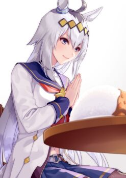 1girl ahoge akatsuki_(kuon) animal_ears black_pantyhose blue_eyes blue_sailor_collar blush breasts brooch closed_mouth commentary_request curry curry_rice ear_ornament food glutton grey_hair hair_between_eyes hair_ornament hairband horse_ears horse_girl jacket jewelry long_hair long_sleeves midriff multicolored_hair navel neckerchief oguri_cap_(starlight_beat)_(umamusume) oguri_cap_(umamusume) own_hands_clasped own_hands_together pantyhose plate pleated_skirt red_neckerchief rice sailor_collar shirt simple_background sitting skirt smile solo star_brooch table umamusume white_jacket