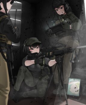 Rule 34 | 3girls, absurdres, aiming, ammunition, bandit-chan (k0ng), bipod, black boots, black gloves, black hair, black shirt, black vest, boots, breasts, brown hat, brown pants, bulletproof vest, clenched teeth, controller, corpse, drone, ear protection, earmuffs, gloves, grey hoodie, grey pants, gun, gun on back, gun sling, hat, headset, highres, holding, holding controller, hood, hood down, hoodie, k0ng, large breasts, long sleeves, magazine (weapon), multiple girls, namul (k0ng), original, pants, parted lips, ponytail, rifle, rifle cartridge, scope, shirt, short hair, sidelocks, sitting, sleeves rolled up, smile, sniper rifle, suppressor, tablet pc, teeth, tripod, vest, weapon, weapon on back