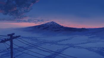 Rule 34 | absurdres, blue sky, cloud, cloudy sky, gradient sky, highres, mmair, mountain, no humans, original, outdoors, pink sky, power lines, scenery, sky, twilight, utility pole