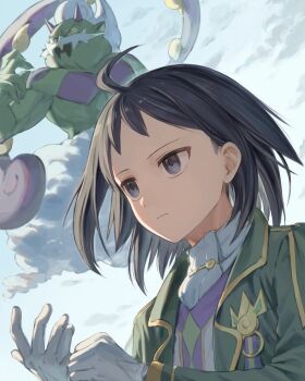 1boy adjusting_clothes adjusting_gloves ahoge black_coat black_hair blue_eyes cheren_(champion)_(pokemon) cheren_(pokemon) claws closed_mouth cloud coat collared_coat colored_skin floating_hair gen_5_pokemon gloves green_skin highres horns lapels legendary_pokemon long_sleeves male_focus mint_pk nintendo open_mouth pokemon pokemon_(creature) pokemon_masters_ex solo tornadus upper_body white_gloves yellow_trim