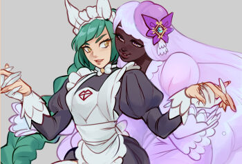 2girls apron black_dress bow bowtie braid braided_ponytail brooch collar commentary dress english_commentary fingernails flower frilled_collar frilled_sleeves frills gloves green_hair grey_background hair_bow hair_flower hair_ornament half-closed_eyes holding_hands interlocked_fingers jacinthe_(pokemon) jewelry juliet_sleeves lebanne_(pokemon) long_fingernails long_hair long_sleeves looking_at_another looking_to_the_side maid_apron momo-deary multiple_girls nintendo parted_lips pokemon pokemon_legends:_z-a puffy_long_sleeves puffy_sleeves purple_dress purple_eyes purple_flower purple_hair simple_background smile swept_bangs upper_body v-shaped_eyebrows very_long_hair white_apron white_bow white_bowtie white_gloves yellow_eyes yuri