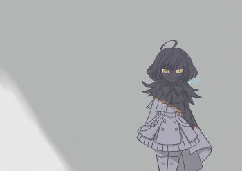 1girl ahoge arms_at_sides artist_name assault_lily belt bow bowtie buttons closed_mouth commentary_request cowboy_shot epaulettes fumi_(fumifumi3axl) gradient_background grey_background greyscale high-waist_skirt highres jacket long_hair long_sleeves monochrome multiple_belts official_alternate_costume open_clothes open_jacket sasaki_ran shade side_cape single_epaulette skirt solo spot_color standing thighhighs yellow_eyes
