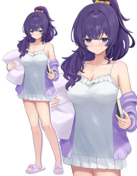 1girl asahina_mafuyu bare_legs blue_eyes blush book bow breasts chemise cleavage closed_mouth collarbone commentary_request cowboy_shot crossed_bangs drop_shadow frilled_chemise full_body hair_bow hair_over_shoulder high_ponytail highres holding holding_book holding_pillow jacket large_breasts long_hair long_sleeves looking_at_viewer no_pants off_shoulder open_clothes open_jacket orange_bow pillow ponytail project_sekai purple_hair purple_jacket purple_slippers sidelocks simple_background sleepwear slippers solo spaghetti_strap standing usagi_melon3 white_background white_chemise zoom_layer
