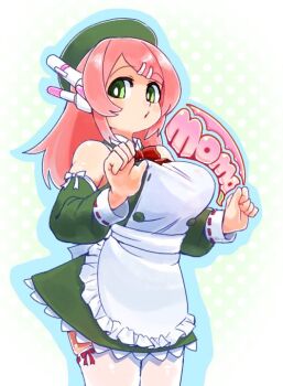 1girl apron bare_shoulders beret blue_outline bow bowtie breasts buttons character_name detached_sleeves dress frilled_apron frills green_dress green_eyes green_hat hair_ornament hairclip hashtag-only_commentary hat headphones large_breasts long_hair looking_at_viewer momone_momo open_mouth outline pink_hair red_bow red_bowtie saruyama_ushirou simple_background solo thighhighs utau white_apron white_background white_thighhighs