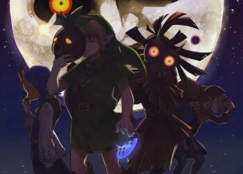 aura black_sclera blonde_hair blue_eyes brother_and_sister colored_sclera corruption dark_persona deku_mask fairy fairy_wings glowing glowing_eyes green_eyes happy_mask_salesman hat holding holding_mask instrument kafei keaton_mask link looking_at_another looking_back looking_to_the_side majora_(entity) mask moon_(zelda) multicolored_eyes night nintendo ocarina otton pointy_ears possessed possession purple_hair red_sclera short_hair siblings skull_kid smile tatl the_legend_of_zelda the_legend_of_zelda:_majora&#039;s_mask tunic wings yellow_eyes yellow_sclera