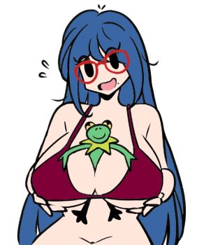 1boy 1girl animal between_breasts bikini black_eyes blue_hair breasts cleavage flying_sweatdrops frog glasses grabbing_own_breast kermit_the_frog large_breasts long_hair looking_at_viewer margaux_(murgoten) mole mole_under_mouth muppets murgoten open_mouth smile swimsuit upper_body white_background