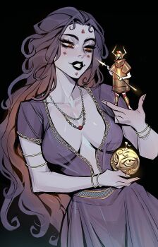 1boy 1girl armlet armor black_background black_lips bracelet breasts bronze_armor carrying carrying_person center_opening colored_skin commentary dress english_commentary eris_(mythology) facial_mark fake_horns full_armor giant giantess greek_mythology helmet highres holding holding_polearm holding_weapon horned_helmet horns jewelry lipstick long_hair makeup necklace orange_eyes polearm purple_dress purple_hair purple_skin shoulder_armor simple_background weapon ykshelter